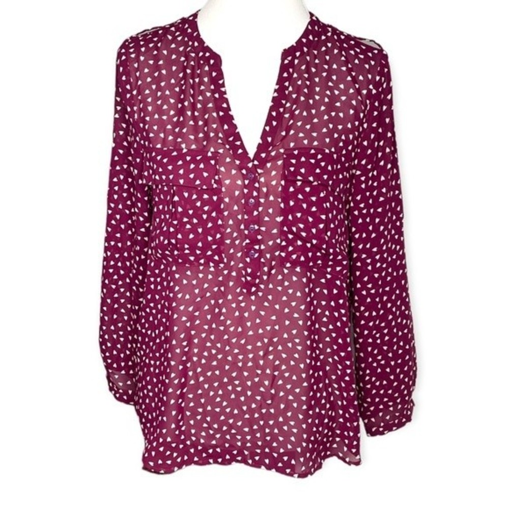Gap Hearts Sheer Long Sleeve Half Button Down Burgundy Purple Size Small